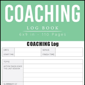 Peut inclure: Un cahier de coaching avec un en-tête vert menthe portant le mot "COACHING" en grandes lettres blanches. Le livre mesure 15,24 x 22,86 cm et compte 110 pages. Les pages intérieures comprennent des sections pour la date, l'heure, le sujet et l'action entreprise.