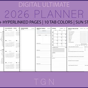 Puede incluir: Un planificador digital para el año 2026 con más de 570 páginas hipervinculadas, 10 colores de pestañas y un inicio de semana por domingo. El planificador incluye secciones para objetivos mensuales, reflexión mensual y un tablero de visión.