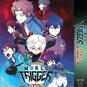May include: DVD case for "World Trigger" Vol. 1-101 End, featuring a group of anime characters. The cover has a blue, red, and white colour scheme with the title in large, bold letters. The DVD case also has Japanese text.