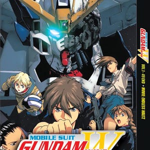 May include: A DVD box set for the anime series Mobile Suit Gundam Wing. The cover features a white and blue robot with a gold wing, and several characters from the show. The text on the cover reads "Mobile Suit Gundam Wing Vol. 1-49 End + Movie: Endless Waltz".