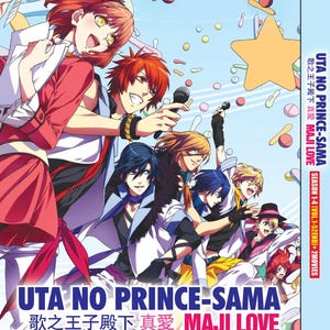 May include: A DVD box set featuring the anime series Uta no Prince-sama: Maji Love. The box set includes seasons 1-4 and two movies. The cover art features the main characters from the series, including a group of young men dressed in colorful outfits and holding microphones. The text on the cover reads "Uta no Prince-sama: Maji Love" and "Season 1-4 (Vol. 1-52 End) + 2 Movies".