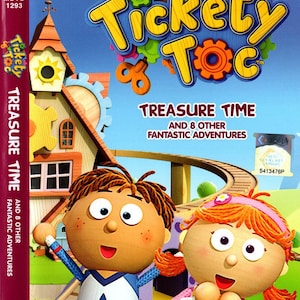 Op de afbeelding: DVD van de animatieserie voor kinderen "Tickety Toc: Treasure Time and 8 Other Fantastic Adventures". De cover toont twee tekenfilmfiguren en het logo van de show met kleurrijke tandwielen en de titeltekst.
