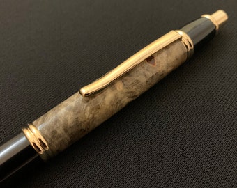 Turned Wood Pen - California Buckeye Burl Click Pen with Gold and Black Hardware