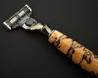 Turned Wood Razor Handle - Gillette Mach 3 - Crosscut Kansas Spalted Hackberry Wood with Gun Metal Hardware