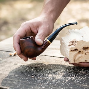May include: A dark wood smoking pipe with a curved stem and gold band, engraved with "RMP". The pipe is held near a light-coloured wooden block, suggesting craftsmanship. Sawdust is scattered on the dark wooden surface.