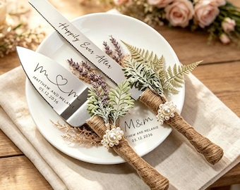 Juego de cuchillo y pala para pastel de bodas grabado a medida, juego rústico para cortar pastel, regalo para despedida de soltera