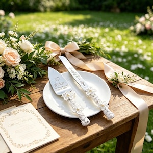 Handmade Lace Wedding Cake Knife & Server Set, Bridal Cake Cutting Utensils, Custom Wedding Gift