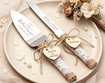 Juego de cuchillos rústicos para pastel de bodas, servidor de pastel hecho a mano con encaje y cordel, regalo de boda personalizado "El amor es dulce", recuerdo para despedida de soltera.
