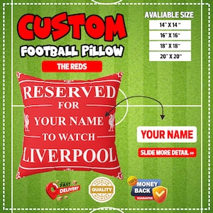 Custom Football Pillow, Personalized Red Team Cushion, Gift for Soccer Fan, Game Day Decor, Name & Number Pillow