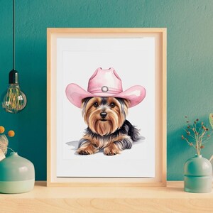 Yorkie Cowgirl Wall Art, Digital Dog Print with Western Hat, Vintage Decor for Farmhouse or Rustic Home Aesthetic
