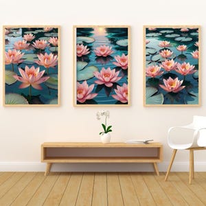 Pink Lotus Printable Wall Art, Digital Download, Tranquil Floral Print for Zen/Spa Inspired Room Decor, Instant Digital Download. Set of 3