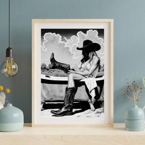 Cowgirl in Bathtub Wall Art, Rustic Western Decor, Cowgirl Vintage Print for Home, Country Style Wall Art, Digital Download