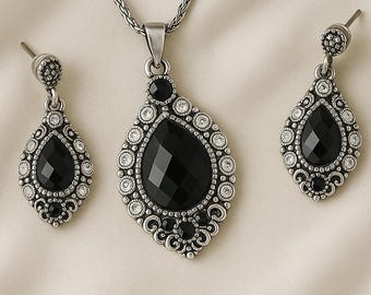 Ottoman Black Stone Jewelry Set: Sterling Silver Zircon Necklace & Earrings