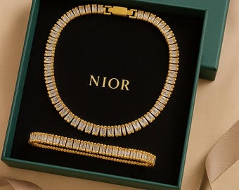 Gold Tennis Jewelry Set: Zircon Crystal Necklace & Bracelet