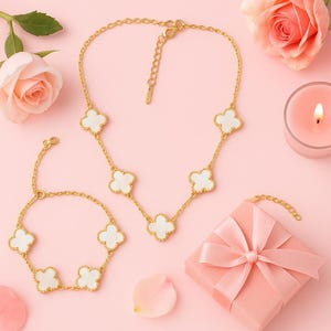 Gold Clover Necklace Bracelet Set: Elegant Lucky Charm Jewelry