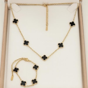Gold Clover Necklace & Bracelet Set: Black Enamel Minimalist Jewelry
