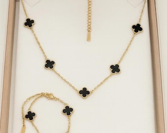 Gold Clover Necklace & Bracelet Set: Black Enamel Minimalist Jewelry
