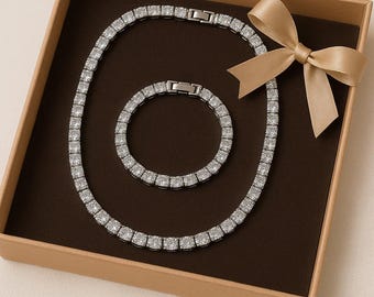 Zircon Tennis Necklace & Bracelet Set: Stainless Steel Women&#39;s Jewelry