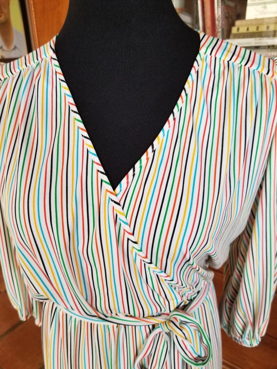 Vintage Rainbow Striped Puff Sleeve Faux Wrap Sec… - image 2