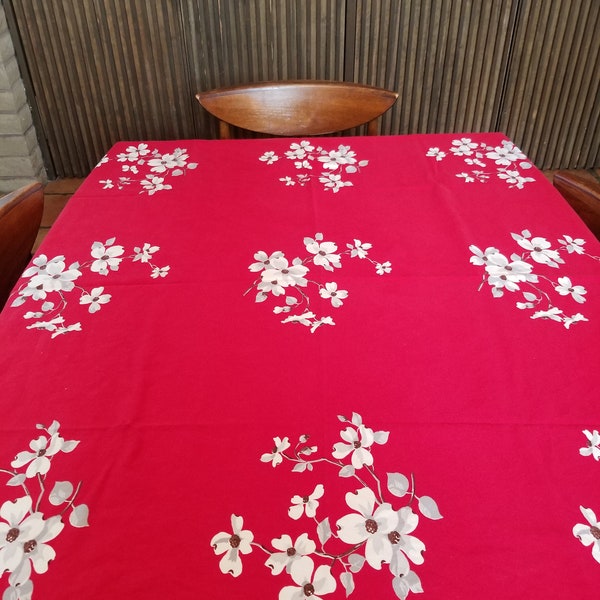 Vintage 50s Red Tablecloth Dogwood Floral 47x53 MINT Condition by Wilendur Gorgeous, Collectible, Stunner