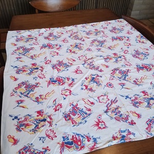 Vintage 30s 40s Novelty Mexico Scene Tablecloth or fabric 42 x 45 square Mid Century Sarape Saltillo Cactus Burros Sombrero Print NEAR MINT