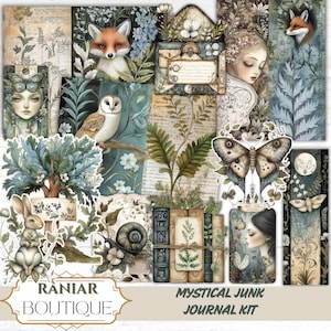Peut inclure: Un ensemble d'éléments de kit de journal de style vintage. Le design présente des illustrations d'un renard, d'un hibou, d'un papillon et d'une femme, ainsi que des éléments botaniques et des papiers décoratifs. Le texte "RANIAR BOUTIQUE" et "MYSTICAL JUNK JOURNAL KIT" sont visibles.
