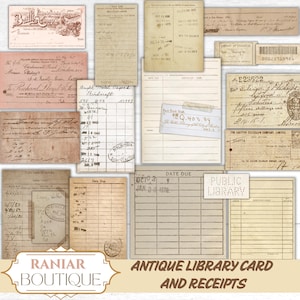 Antike Bibliothek Card Kit und Vintage Quittungen Ephemera, druckbare Ephemera für Junk Journals, Bibliothek Junk Journal, antike Quittungspapiere