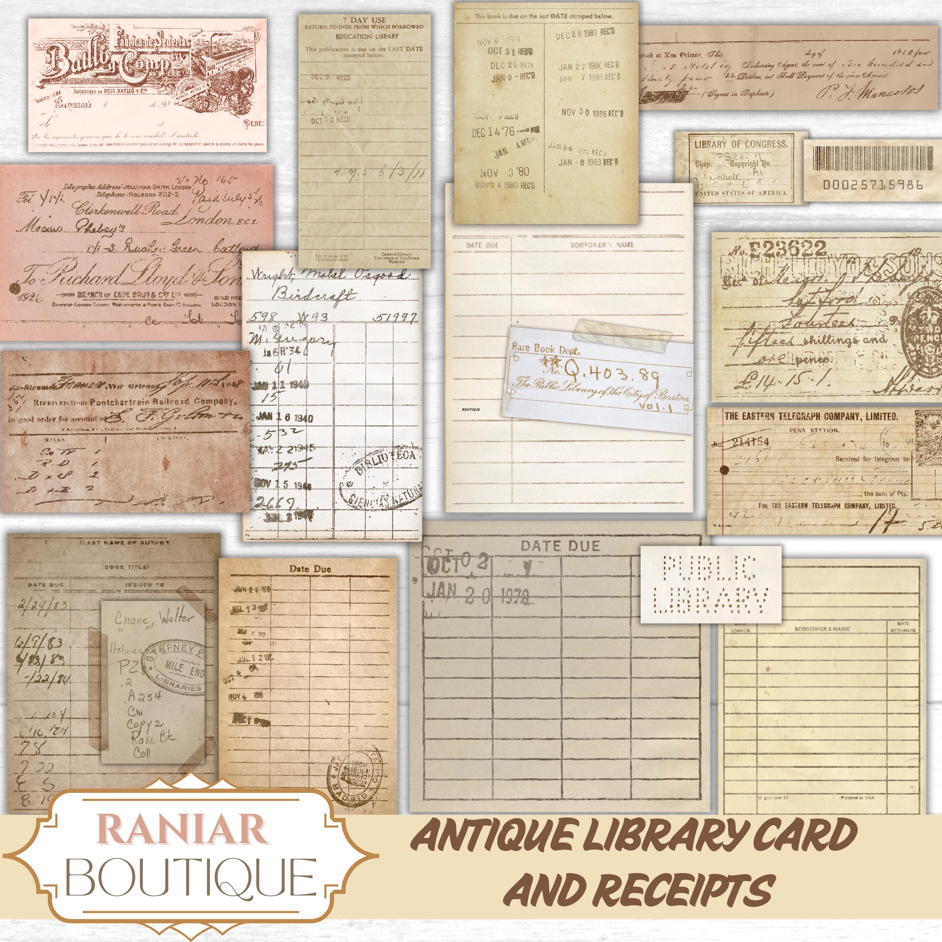 Antique Library Card Kit And Vintage Receipts Ephemera,Printable Ephemera for Junk Journals,Library Junk Journal,Antique Receipt Papers