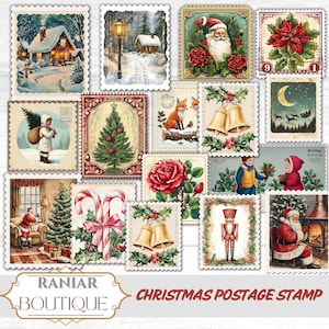 May include: A selection of vintage Christmas postage stamps with festive illustrations. The stamps showcase images of Santa Claus, winter scenes, Christmas trees, and holiday decorations. The text "Christmas Postage Stamp" is visible.