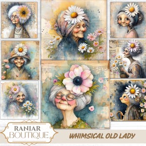 Alte Dame Junk Journal, alter Dame Clipart, wunderliche Blumen, Clipart alter Dame, Herbst Hintergrund, Junk Journaling Kits