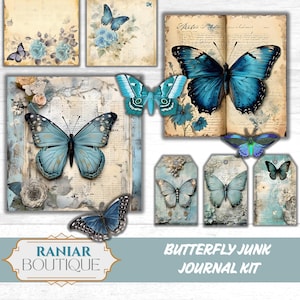 Kit de journal indésirable bleu papillon, imprimés papillons vintage, éphémères botaniques, papier de scrapbooking, kit de journal numérique