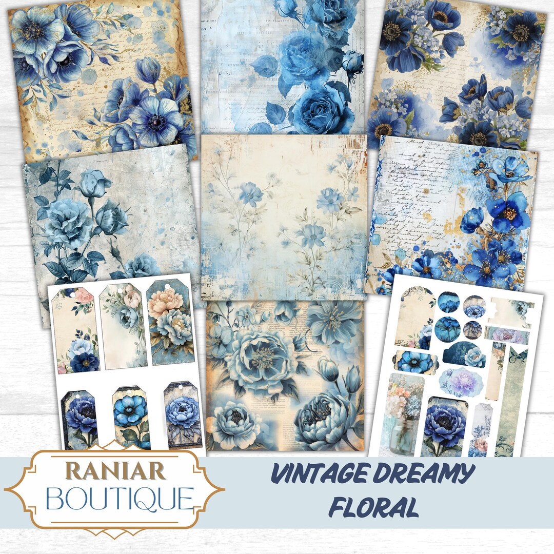 Blue Floral Junk Journal Kit: Shabby Chic Ephemera (PDF Download) - Etsy