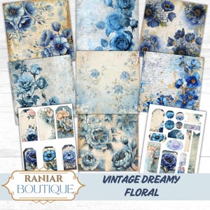 floral junk journal pages,Blue Shabby Chic Junk Journal Kit,blue junk journal papers,Blue Ephemera, blue flowers print paper, floral collage