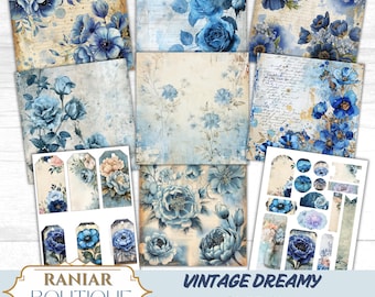 Blue Floral Junk Journal Kit: Shabby Chic Ephemera (PDF Download)