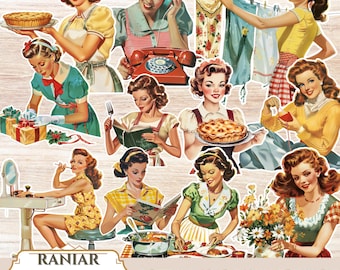 1950s Housewife Clipart: Retro Women Illustrations PNG Digital Downloa