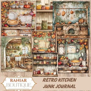Retro Kitchen Junk Journal, stampa digitale di una cucina accogliente, pagine di cucina rustica, stampa su carta da cucina, cucina di campagna