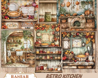 May include: A collage of watercolor illustrations depicting a retro kitchen theme. The images showcase shelves filled with jars, pies, pumpkins, and autumn foliage. The text "Retro Kitchen Junk Journal" is visible.