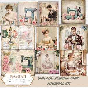 Naai-junkjournaalkit – vintage naaister, kortstondige, afdrukbare tags en plakboekpapier | Digitale download Shabby Chic
