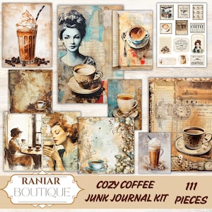 Kit de diario basura de café acogedor, hoja de collage de álbumes de recortes retro antiguos, café con leche, espresso, taza de café, dama, páginas de álbumes de recortes imprimibles