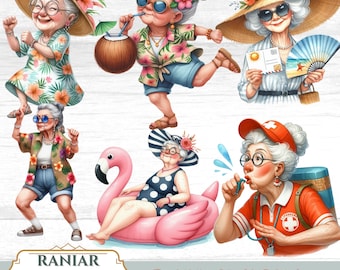 Imágenes prediseñadas de abuelas divertidas: Ilustraciones hippies retro (Descarga digital)