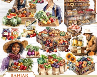 Aquarell Bauernmarkt Clipart: Rustikale Bauernhaus Illustrationen (PDF Download).