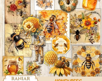 May include: A selection of vintage-style illustrations featuring honey bees, honeycomb, flowers, and a beekeeper. The images are in shades of yellow, brown, and cream, with a distressed paper texture. The text "Honey Bees Junk Journal Kit" is visible.