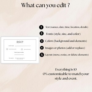 May include: A digital invitation design with the word "RSVP" at the top. The image highlights the customizable features: text, fonts, colors, images, and layout. The text states that everything is 100% customizable to match your style and event.
