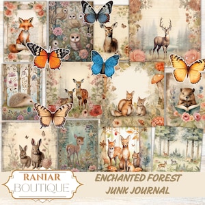 Pagine di diario della foresta incantata, diario della foresta fantasy, illustrazioni di animali stravaganti, animali del diario, download fantasy