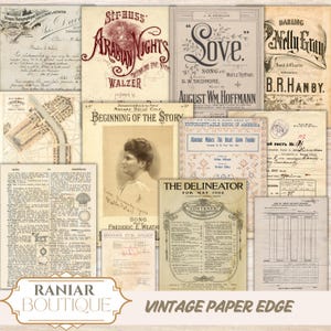 Puede incluir: Un collage de papeles antiguos, incluyendo partituras, mapas y documentos manuscritos. La colección presenta títulos como "Arabian Nights" y "Love", con una variedad de fuentes y texturas envejecidas. La parte inferior de la imagen tiene el texto "Raniar Boutique" y "Vintage Paper Edge."