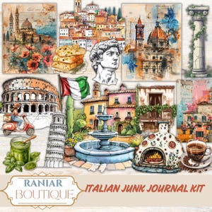 Italië Junk Journal Kit, zonnig Italië, kortstondige reizen, Italiaans eten, afdrukbaar vintage Italiaans plakboek, platteland, dorp, digitaal papier