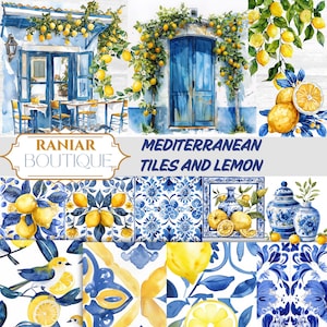 Mittelmeer Fliesen und Zitronen Muster, 146 Fliesen und Zitrone, Clipart Bundle, Italien Griechenland Clipart, Aquarell Zitrone Clipart