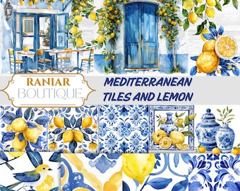 Clipartbundel aquarel citroen en tegels: mediterrane zomerafbeeldingen (digitale png-download)