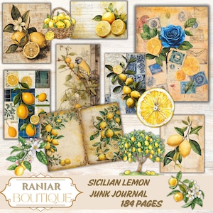 Kit de diario basura de limón, limón siciliano, fruta, color vintage amarillo, clipart de acuarela mediterránea, jardín, uso comercial en papel de verano, pájaros