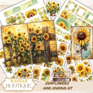 May include: A collection of sunflower-themed junk journal kit elements. The kit includes various paper ephemera, tags, and stickers featuring watercolor illustrations of sunflowers, wooden fences, and bees. The color palette is dominated by yellow, brown, and green.
